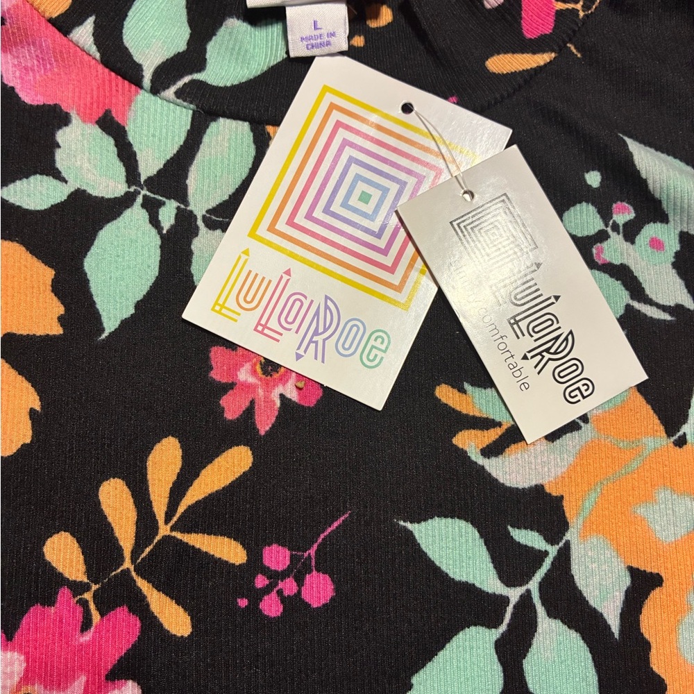 LuLaRoe Black Top with Pink, Orange, and Green Floral - Picture 2 of 3